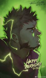 Rule 34 | 1boy, absurdres, bara, blue eyes, borrowed character, brownn hair, dated, english text, from side, frown, glowing, glowing eyes, green background, happy birthday, highres, lightning, male focus, mature male, original, powerlesssong, short hair, solo, spiked hair, undercut, upper body, weibo logo, weibo watermark