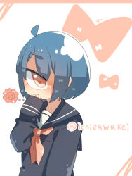 Rule 34 | + +, 1girl, ahoge, blue hair, bow, covering own mouth, cyclops, hand to own mouth, looking at viewer, muroku (aimichiyo0526), one-eyed, original, school uniform, serafuku, short hair, simple background, sleeves past wrists, solo, twitter username, upper body, white background