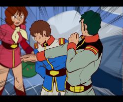 Rule 34 | 1girl, 2boys, amuro ray, bed, belt, blanket, bright noa, brown eyes, brown hair, buckle, closed eyes, fraw bow, green hair, gundam, haro, hatosabure69, highres, letterboxed, meme, mobile suit gundam, multiple boys, open mouth, pillow, scarf, slapping, surprised, uniform, will smith slapping chris rock (meme), window