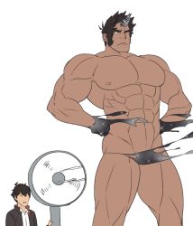 Rule 34 | 2boys, abs, asutarou, bara, character request, completely nude, dark-skinned male, dark skin, electric fan, fiery horns, hands on own hips, horns, large pectorals, long sideburns, male focus, protagonist 4 (housamo), multiple boys, muscular, muscular male, navel, navel hair, nipples, nude, pectorals, short hair, sideburns, single horn, slime (substance), standing, stomach, thick thighs, thighs, tokyo houkago summoners, topless male, wind, yaoi