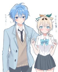 Rule 34 | 1boy, 1girl, ahoge, aqua bow, aqua bowtie, aqua eyes, black necktie, black pants, black skirt, blonde hair, blue eyes, blue hair, blue jacket, blush, bow, bowtie, breasts, brown hairband, brown vest, collared shirt, commentary request, double-parted bangs, embarrassed, genderswap, genderswap (ftm), green bow, hair bow, hairband, hand on another&#039;s shoulder, hand up, hands up, highres, hololive, hoshimachi suisei, jacket, kazama iroha, lapels, long sleeves, medium breasts, multicolored bow, necktie, notched lapels, open clothes, open jacket, pants, pleated skirt, ponte irai, school uniform, shirt, short hair, short sleeves, simple background, sketch, skirt, smile, star (symbol), star in eye, symbol in eye, translation request, vest, virtual youtuber, white background, white shirt, yellow bow