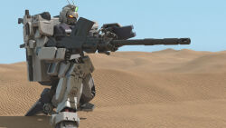 Rule 34 | 3d, absurdres, aiming, backpack, bag, beam rifle, blender (medium), cannon, commentary, desert, earth federation, emblem, energy gun, english commentary, ground gundam type s, gundam, highres, kneeling, mecha, mjeff, mobile suit, no humans, original, realistic, redesign, robot, sand, science fiction, shield, weapon