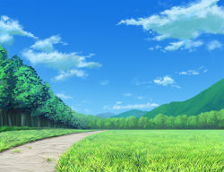 Rule 34 | blue sky, cloud, cloudy sky, day, forest, grass, landscape, mountain, mountainous horizon, nature, no humans, nokiya, original, path, road, scenery, sky, summer, tree