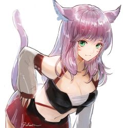 Rule 34 | 10s, 1girl, animal ears, bad id, bad pixiv id, bibico, breasts, cleavage, detached sleeves, facial mark, final fantasy, final fantasy xiv, green eyes, large breasts, leaning forward, light smile, long hair, looking at viewer, miniskirt, miqo&#039;te, pink hair, red skirt, signature, skirt, solo, tail, warrior of light (ff14), white background