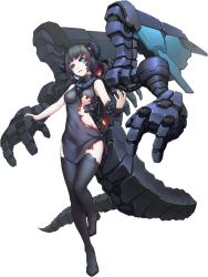 Rule 34 | 1girl, areola slip, atk7, bad id, bad pixiv id, black hair, black sclera, black thighhighs, blue eyes, burnt clothes, colored sclera, covered erect nipples, covered navel, highres, horns, mecha musume, mechanical tail, mechanical wings, open mouth, original, short hair, simple background, solo, tail, thighhighs, turtleneck, white background, wings