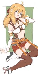 Rule 34 | 1girl, blonde hair, commentary, detached sleeves, fiora (xenoblade), foot out of frame, green eyes, highres, long hair, looking at viewer, midriff, miniskirt, open mouth, skirt, smile, solo, thighhighs, umotomochi, xenoblade chronicles (series), xenoblade chronicles 1