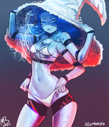 Rule 34 | 1girl, bikini, blue eyes, blue hair, blue skin, breasts, colored skin, cracked skin, doll joints, elden ring, extra arms, extra faces, eymbee, hat, joints, long hair, looking at viewer, navel, one eye closed, ranni the witch, sexually suggestive, smile, solo, swimsuit, witch, witch hat