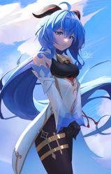 Rule 34 | absurdres, ahoge, artist name, bare shoulders, bell, black gloves, black legwear, blue hair, blush, breasts, curled horns, detached sleeves, ganyu (genshin impact), genshin impact, gloves, gold trim, highres, horns, long hair, looking at viewer, low ponytail, medium breasts, neck bell, own hands together, palms together, peaceablecolt, purple eyes, sidelocks, solo, standing, tassel, thighlet, very long hair, waist cape, white sleeves