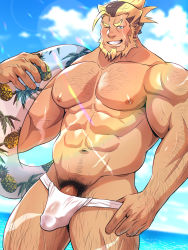 Rule 34 | 1boy, abs, alternate costume, another eidos-r, arm hair, bara, beach, beard, blonde hair, blush, body hair, brown hair, bulge, chest hair, cloud, cloudy sky, dark-skinned male, dark skin, erection, erection under clothes, facial hair, feet out of frame, fundoshi, fundoshi pull, grin, hairy, highres, holding, holding swim ring, innertube, japanese clothes, large pectorals, looking at viewer, male focus, male pubic hair, male underwear, male underwear pull, mature male, muchi yuki, multicolored hair, muscular, muscular male, navel, navel hair, nipples, one eye closed, pectorals, penis, penis peek, ponytail, pubic hair, ragnar (another eidos), see-through, short hair, sky, smile, solo, stomach, stubble, swim ring, thick eyebrows, thick thighs, thighs, topless male, two-tone hair, underwear, underwear pull, veins, wet, wet clothes, wet male underwear, wet underwear, white male underwear