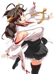 Rule 34 | 10s, 1girl, alternate hairstyle, bad id, bad pixiv id, bare shoulders, blue eyes, blush, breasts, brown hair, detached sleeves, double bun, hair ornament, hairband, headgear, highres, japanese clothes, kantai collection, kongou (kancolle), large breasts, long hair, looking at viewer, nontraditional miko, oborofu, open mouth, personification, skirt, smile, solo, thighhighs, twintails, zettai ryouiki