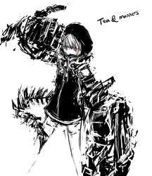 Rule 34 | 10s, 1girl, black rock shooter, greyscale, hood, hoodie, mechanical arms, merpperoni, monochrome, red eyes, single mechanical arm, solo, spot color, strength (black rock shooter), tail, thighhighs