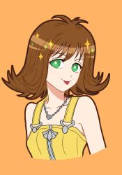 Rule 34 | 1girl, breasts, brown hair, collarbone, dress, final fantasy, final fantasy viii, flipped hair, full-length zipper, green eyes, jewelry, long hair, looking at viewer, necklace, sa kichi, selphie tilmitt, short hair, simple background, small breasts, smile, solo, sparkle, yellow dress, zipper, zipper dress
