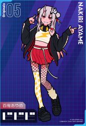 Rule 34 | 1girl, asymmetrical legwear, black footwear, black jacket, bright pupils, character name, full body, grey hair, headphones, headphones around neck, highres, hololive, horns, index finger raised, jacket, long hair, looking at viewer, midriff, miyoshi yoshimi, multicolored hair, nakiri ayame, parted lips, pleated skirt, red eyes, red hair, red skirt, second-party source, shoes, skirt, sleeves past wrists, smile, solo, standing, streaked hair, very long hair, virtual youtuber, white pupils