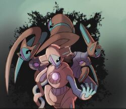 Rule 34 | alien, alternate form, artist request, black sclera, blue skin, colored sclera, colored skin, creatures (company), deoxys, deoxys (attack), deoxys (defense), deoxys (normal), deoxys (speed), game freak, gen 3 pokemon, highres, mythical pokemon, nintendo, orange skin, pokemon, pokemon (creature), tentacles, white eyes
