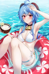 Rule 34 | 1girl, absurdres, ahoge, alternate costume, arm up, armpits, bare arms, bare legs, bare shoulders, bell, bikini, black choker, blue hair, blush, breasts, choker, cleavage, closed mouth, coconut cup, cowbell, day, drink, drinking straw, feet out of frame, ganyu (genshin impact), genshin impact, goat horns, hand on own head, hidel, highres, holding, holding drink, horns, innertube, knees together feet apart, knees up, looking at viewer, medium breasts, navel, neck bell, o-ring, o-ring bikini, outdoors, red eyes, revision, sitting, solo, swim ring, swimsuit, thigh strap, thighs, water, wet, wet hair, white bikini