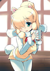 Rule 34 | 10s, 1girl, alpaca ears, alpaca suri (kemono friends), alpaca tail, animal ears, blonde hair, commentary request, cowboy shot, cup, fur trim, green eyes, hair over one eye, highres, holding, holding cup, horizontal pupils, indoors, kemono friends, krono tokage, leaning forward, long sleeves, looking at viewer, open mouth, pantyhose, short hair, sidelocks, solo, tail, white pantyhose, window