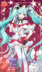 Rule 34 | 1girl, absurdly long hair, aqua eyes, aqua hair, bell, candy, candy cane, christmas, fingerless gloves, food, garter straps, gift, gloves, hatsune miku, jingle bell, long hair, microphone, microphone stand, midriff, open mouth, pmg, sack, single glove, skirt, snowflakes, solo, star (symbol), thigh gap, thighhighs, twintails, very long hair, vocaloid, white thighhighs