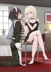 Rule 34 | 2girls, blonde hair, blue eyes, blush, brown hair, chair, chocolate, collar, commentary request, crossed legs, curtains, feeding, feet, feet out of frame, highres, indoors, kneeling, maid, maid headdress, multiple girls, on chair, original, parted lips, piripun, short hair, sitting, toes, window, yuri