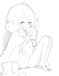 Rule 34 | 1girl, ahoge, barefoot, blanket, blue eyes, boots, commentary request, cup, doremi, full body, holding, holding cup, idolmaster, idolmaster cinderella girls, korean commentary, looking at viewer, low twintails, medium hair, monochrome, sitting, sketch, solo, spot color, toes, twintails, unworn boots, yusa kozue