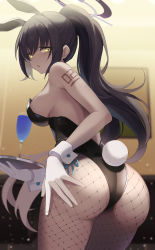Rule 34 | 1girl, animal ears, ass, ass grab, bare shoulders, black hair, black leotard, blue archive, blurry, blurry background, breasts, cowboy shot, cup, curvy, dark-skinned female, dark skin, fake animal ears, fishnet pantyhose, fishnets, gloves, grabbing own ass, halo, highres, holding, holding plate, huge ass, karin (blue archive), karin (bunny) (blue archive), leaning forward, leotard, long hair, looking at viewer, looking back, mizu (lzzrwi603), number tattoo, pantyhose, parted lips, plate, playboy bunny, ponytail, rabbit ears, rabbit tail, shiny clothes, shiny skin, shoulder tattoo, sideboob, sidelocks, sleeveless, solo, standing, strapless, strapless leotard, tail, tattoo, thong leotard, very long hair, white gloves, wide hips, wrist cuffs, yellow eyes