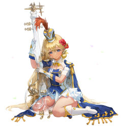 Rule 34 | 1girl, blonde hair, blue cape, blue dress, blue eyes, blue gloves, blush, boots, breasts, cape, cleavage, cleavage cutout, clothing cutout, copyright request, dress, earrings, flower, frilled dress, frills, full body, gloves, hair flower, hair ornament, hat, high heel boots, high heels, highres, holding, holding instrument, instrument, jewelry, long hair, medium breasts, multicolored clothes, multicolored dress, multicolored gloves, plume, red flower, red rose, rose, short dress, short sleeves, simple background, sitting, smile, solo, star (symbol), star earrings, thighs, transparent, very long hair, wariza, white background, white dress, white footwear, white gloves, yangsongihand, yellow cape, yellow dress, yellow gloves