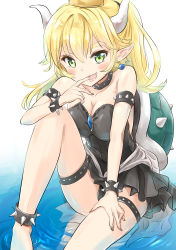 Rule 34 | 1girl, absurdres, anzu yoshihiro, armlet, bare shoulders, black one-piece swimsuit, blonde hair, blush, bowsette, bracelet, breasts, casual one-piece swimsuit, cleavage, collar, collarbone, commentary request, earrings, fang, green eyes, hair between eyes, highres, horns, jewelry, knee up, long hair, looking at viewer, mario (series), medium breasts, nail polish, new super mario bros. u deluxe, nintendo, one-piece swimsuit, open mouth, pointy ears, ponytail, reflection, sitting, smile, solo, spiked anklet, spiked armlet, spiked bracelet, spiked collar, spiked shell, spikes, super crown, swimsuit, thick eyebrows, thigh strap, water