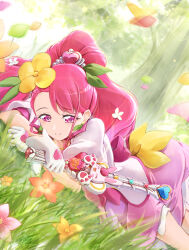 Rule 34 | 1girl, artist name, clear glass (mildmild1311), commentary request, cure grace, dress, earrings, eyelashes, flower, forest, gloves, hair flower, hair ornament, hanadera nodoka, happy, healin&#039; good precure, highres, jewelry, long hair, looking at viewer, lying, magical girl, nature, on stomach, petals, pink dress, pink eyes, pink flower, pink hair, ponytail, precure, puffy short sleeves, puffy sleeves, short sleeves, signature, smile, solo, tree, twitter username, wand, white gloves, yellow flower