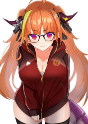 Rule 34 | 1girl, ahoge, arm behind back, black-framed eyewear, black ribbon, black thighhighs, blonde hair, blunt ends, blush, bow, breasts, cleavage, closed mouth, collarbone, copyright name, cowboy shot, diagonal-striped bow, dragon girl, dragon horns, dragon tail, emblem, fangs, glasses, hair intakes, hair ribbon, highres, hololive, hood, hood down, hooded track jacket, horn bow, horn ornament, horns, jacket, kiryu coco, kiryu coco (loungewear), large breasts, leo (f mmmnkm paint), logo, long hair, long sleeves, looking at viewer, multicolored eyes, multicolored hair, official alternate costume, orange hair, pointy ears, purple eyes, red eyes, red jacket, ribbon, sidelocks, simple background, skin fangs, smile, solo, streaked hair, striped, striped bow, tail, thighhighs, track jacket, twintails, virtual youtuber, white background, zipper, zipper pull tab