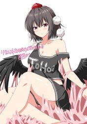 Rule 34 | 1girl, absurdres, bare legs, bird wings, black hair, black shirt, black skirt, black wings, breasts, cheerleader, cleavage, clothes writing, collarbone, commentary request, crop top, feathered wings, hat, highres, medium breasts, midriff, miniskirt, pom pom (clothes), red hair, rise (rise19851203), shameimaru aya, shirt, short hair, simple background, skirt, sleeveless, sleeveless shirt, solo, strap slip, tank top, tokin hat, touhou, translated, white background, wings