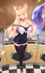 Rule 34 | 1girl, ahri (league of legends), animal ears, bare shoulders, blonde hair, bracelet, breasts, cait aron, choker, cleavage, closed mouth, covered navel, earrings, facial mark, fox ears, fox tail, full body, headset, heart, heart earrings, highres, indoors, jewelry, k/da (league of legends), k/da ahri, large breasts, laundromat, league of legends, lips, long hair, looking at viewer, makeup, official alternate costume, purple choker, purple thighhighs, single earring, solo, standing, tail, thighhighs, washing machine, whisker markings, yellow eyes, zettai ryouiki