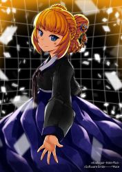 Rule 34 | 1girl, analogue: a hate story, beckoning, blonde hair, blue eyes, blush, character name, copyright name, double bun, dress, english text, grid, hair bun, hair ornament, hanbok, highres, korean clothes, light smile, long sleeves, magma chipmunk, mute (analogue: a hate story), open hand, outline, short hair, solo