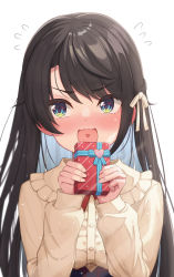 Rule 34 | 1girl, blue eyes, blush, box, breasts, brown hair, brown shirt, commentary request, flying sweatdrops, frilled shirt collar, frills, gift, gift box, hair ribbon, heart, heart in mouth, highres, holding, holding box, hololive, long hair, long sleeves, oozora subaru, oozora subaru (casual), open mouth, ribbon, shirt, sideways glance, simple background, solo, suicabar72, upper body, virtual youtuber, white background
