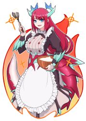 Rule 34 | apron, blue eyes, breasts, cake batter, dragon girl, dragon horns, dragon tail, duel monster, highres, holding, holding whisk, horns, kitchen dragonmaid, large breasts, maid, mixing bowl, red hair, red nails, tail, whisk, white apron, yata masahara, yu-gi-oh!