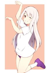 Rule 34 | 1girl, absurdres, arm up, blush, brown background, buruma, commentary request, fate/kaleid liner prisma illya, fate (series), grin, hand up, highres, illyasviel von einzbern, loafers, long hair, looking at viewer, mitchi, one eye closed, purple buruma, purple footwear, red eyes, shirt, shoes, short sleeves, smile, socks, solo, standing, standing on one leg, two-tone background, very long hair, white background, white hair, white shirt, white socks