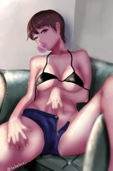 Rule 34 | 1girl, bad id, bad twitter id, bikini, bikini top only, black bikini, blue shorts, blurry, blurry background, breasts, brown eyes, brown hair, blowing bubbles, chewing gum, commentary, couch, depth of field, freckles, girls und panzer, half-closed eyes, hand on own leg, hand on own stomach, head tilt, highres, looking at viewer, medium breasts, micro shorts, naomi (girls und panzer), one-hour drawing challenge, open fly, short hair, short shorts, shorts, sitting, solo, spread legs, swimsuit, takefu jiin, twitter username, unzipped, very short hair, zipper, zipper pull tab