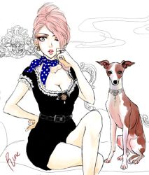 Rule 34 | 1girl, belt, bow, bowtie, breasts, cigarette, cleavage, couch, dog, dress, earrings, eyeliner, jewelry, katekyo hitman reborn!, lipstick, makeup, neckerchief, runesque, short hair, smoking, solo