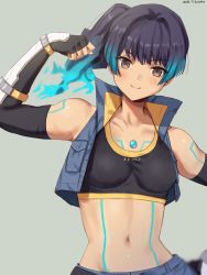 Rule 34 | 1girl, blue hair, breasts, brown eyes, chest jewel, fiery hair, glowing lines, highres, navel, ponytail, sena (xenoblade), shoulder strap, side ponytail, simple background, small breasts, smile, solo, sports bra, xenoblade chronicles (series), xenoblade chronicles 3, yamamori kinako