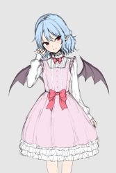 Rule 34 | 1girl, alternate costume, bat wings, blue hair, bow, bowtie, grey background, head tilt, junior27016, looking at viewer, pointy ears, red bow, red bowtie, red hair, remilia scarlet, simple background, solo, standing, touhou, wings