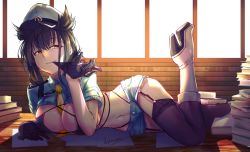 Rule 34 | 1girl, adjusting clothes, adjusting gloves, bikini, biting, black bikini, black hair, blue shorts, book, book stack, boots, breasts, brown thighhighs, character name, commentary, commission, english commentary, full body, garter straps, glove biting, glove pull, gloves, grin, hair horns, hatsuzuki (kancolle), high heel boots, high heels, highleg, highleg bikini, i-pan, kantai collection, large breasts, looking at viewer, lying, medium hair, micro shorts, navel, necktie, on side, orange eyes, police, police uniform, shorts, smile, solo, swimsuit, thighhighs, uniform, white footwear, yellow necktie