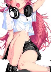 Rule 34 | 1girl, artist request, bang dream!, blush, boots, breasts, closed eyes, headphones, highres, legs, long hair, open mouth, pink hair, simple background, skirt, small breasts, solo, sweat, tagme, tamade chiyu, tongue, tongue out