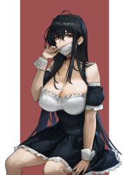 Rule 34 | 1girl, absurdres, adjusting mask, bad id, bad twitter id, bare shoulders, black dress, black hair, breasts, choker, cleavage, cuffs, dokshuri, dress, fingernails, frilled dress, frills, hair between eyes, highres, large breasts, long hair, mask, mouth mask, nail polish, original, red background, red eyes, red nails, red neckwear, sitting, solo, two-tone background, very long hair, white background