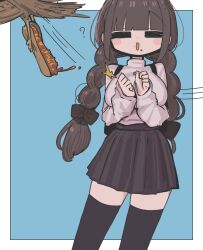 Rule 34 | 1girl, = =, ?, bird, black skirt, black thighhighs, blue background, blunt bangs, blush stickers, braid, breasts, brown hair, closed eyes, facing viewer, feet out of frame, food, food on face, food theft, hands up, highres, hot dog, large breasts, long hair, long sleeves, low twin braids, motion lines, open mouth, original, outside border, pink sweater, pleated skirt, sasa ki (resupuburika), simple background, skirt, smile, solo, standing, suspenders, sweater, sweater tucked in, thighhighs, twin braids, zettai ryouiki
