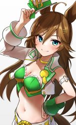 Rule 34 | 1girl, absurdres, ahoge, animal ears, arm strap, arm up, blush, breasts, brown hair, choker, cleavage, closed mouth, collarbone, commentary request, cowboy shot, cropped jacket, green eyes, green shirt, groin, hair between eyes, hair ornament, hairclip, hand on own hip, hat, unworn hat, unworn headwear, highres, holding, holding clothes, holding hat, horse ears, horse girl, horse tail, jacket, long hair, long sleeves, looking at viewer, medium breasts, midriff, mini hat, mini top hat, mr. c.b. (umamusume), navel, omattya umyao, open clothes, open jacket, pants, partial commentary, shirt, sidelocks, simple background, single bare shoulder, single sleeve, sleeve cuffs, smile, solo, standing, strapless, strapless shirt, tail, top hat, umamusume, white background, white pants, yellow choker
