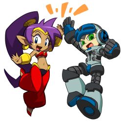 Rule 34 | 1boy, 1girl, beck (mighty no. 9), belly dancer, blue eyes, breasts, company connection, crossover, dark skin, earrings, english text, full body, green eyes, hair tubes, harem pants, helmet, high five, highres, hoop earrings, jewelry, kou (makoto yabe), long hair, lots of jewelry, midriff, mighty no. 9, monochrome, navel, official art, open mouth, pants, pointy ears, ponytail, purple hair, robot, shantae, shantae (series), smile, tiara, transparent, transparent background, very long hair, wayforward