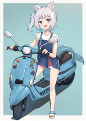 Rule 34 | 1girl, :d, animal ear fluff, animal ears, bag, blue background, blue dress, blue eyes, blue hair, blue nails, brown footwear, cat ears, commentary, dress, fins, fish tail, full body, gawr gura, gawr gura (casual), grey hair, highres, hololive, hololive english, looking at viewer, motor vehicle, motorcycle, multicolored hair, nail polish, official alternate costume, open mouth, revision, sandals, shark tail, sharp teeth, shirt, shoulder bag, side ponytail, sleeveless, sleeveless dress, smile, solo, streaked hair, symbol-only commentary, tail, teeth, toenail polish, toenails, uneg, virtual youtuber, white shirt