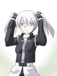 Rule 34 | 1girl, black jacket, collared jacket, gauntlets, grey eyes, hair between eyes, highres, holding, holding own hair, jacket, long hair, long sleeves, melty blood, open clothes, open jacket, open mouth, riesbyfe stridberg, silver hair, simple background, sketch, solo, standing, taniryuu2, tsukihime, twintails, white background, wing collar