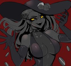 Rule 34 | 1girl, bare shoulders, black dress, black gloves, breasts, choker, cleavage, coin, collar, dress, elbow gloves, eyeshadow, fang, gloves, hair behind ear, hat, highres, jun-kou, large breasts, makeup, niijima sae, open mouth, persona, persona 5, red background, shadow (persona), shadow sae, spiked choker, spiked collar, spikes, yellow eyes