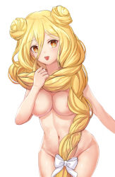 Rule 34 | 1girl, :d, areola slip, bad id, bad pixiv id, blonde hair, bow, braid, breasts, cleavage, commentary request, cowboy shot, date a live, double bun, hair between eyes, hair bow, hair bun, hair censor, hand up, hoshimiya mukuro, long hair, looking at viewer, lunacle, medium breasts, navel, nude, open mouth, orange eyes, simple background, single braid, smile, solo, stomach, very long hair, white background, white bow