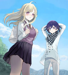 Rule 34 | 1boy, 1girl, absurdres, ahoge, akamatsu kaede, arms behind head, backpack, bag, black hair, black skirt, blush, buttons, checkered clothes, checkered scarf, collared shirt, commentary request, danganronpa (series), danganronpa v3: killing harmony, day, double-breasted, fortissimo, from below, grey jacket, grey pants, hair between eyes, hair ornament, highres, jacket, long sleeves, male focus, musical note, musical note hair ornament, necktie, oma kokichi, outdoors, pants, pink eyes, pink vest, pleated skirt, purple hair, red necktie, scarf, shirt, short hair, skirt, smile, snow finale, tree, vest