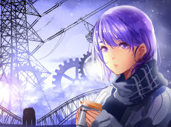 Rule 34 | 1girl, bad id, bad pixiv id, cup, earrings, gears, jewelry, original, purple eyes, purple hair, scarf, short hair, snowing, solo, transmission tower, upper body, winter clothes, xiaoshou xiansheng